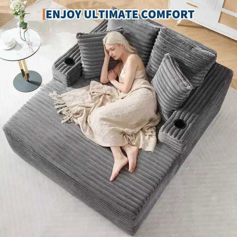 Sofá diván de pana extragrande de 64 pulgadas, sofá cama "Boneless" con portavasos y 2 almohadas, no requiere montaje