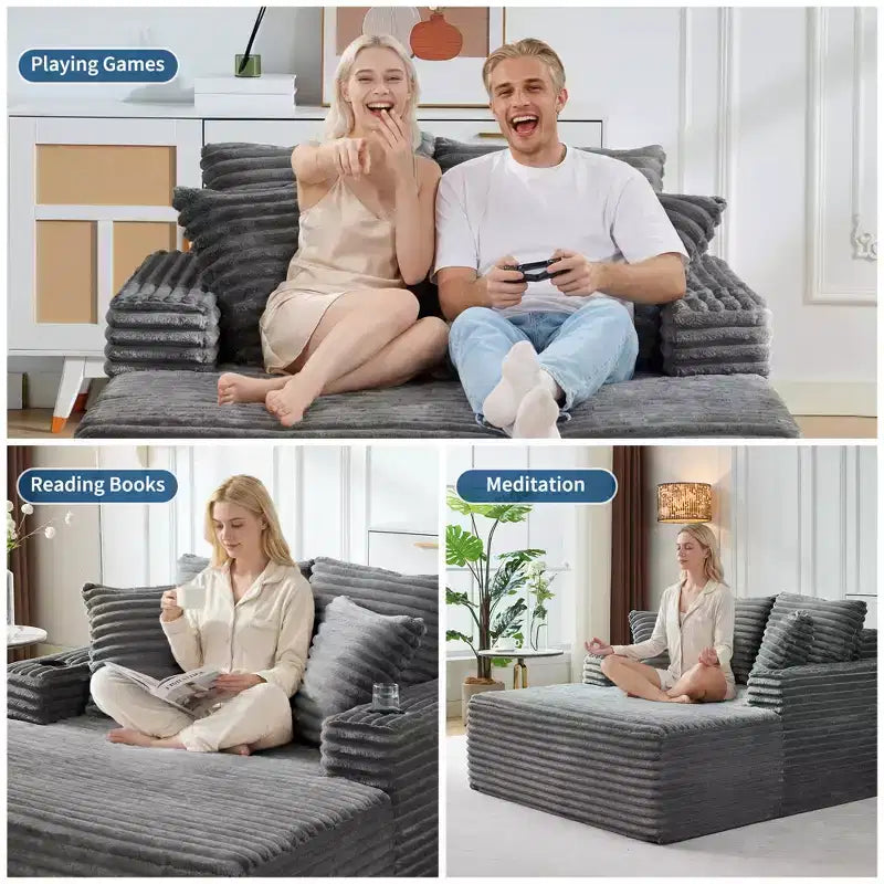 Sofá diván de pana extragrande de 64 pulgadas, sofá cama "Boneless" con portavasos y 2 almohadas, no requiere montaje
