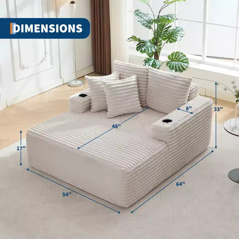 Sofá diván de pana extragrande de 64 pulgadas, sofá cama "Boneless" con portavasos y 2 almohadas, no requiere montaje