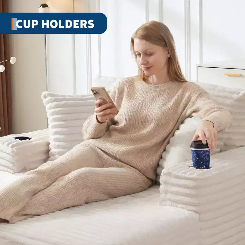 Sofá diván de pana extragrande de 64 pulgadas, sofá cama "Boneless" con portavasos y 2 almohadas, no requiere montaje