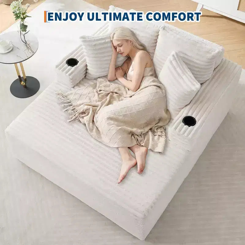Sofá diván de pana extragrande de 64 pulgadas, sofá cama "Boneless" con portavasos y 2 almohadas, no requiere montaje