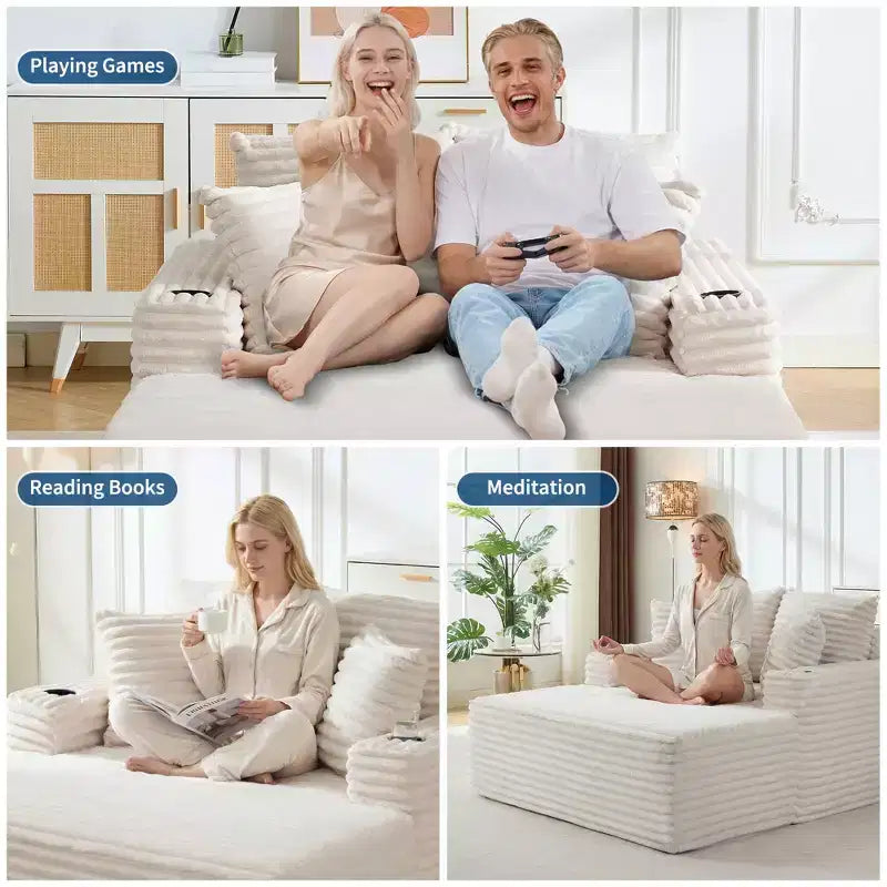 Sofá diván de pana extragrande de 64 pulgadas, sofá cama "Boneless" con portavasos y 2 almohadas, no requiere montaje