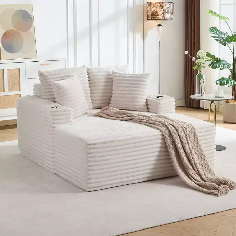 64 Oversized Corduroy Chaise Lounge Chair, Boneless Sleeper Sofa Bed Couch with Cup Holders & 2 Pillows, No Assembly Required