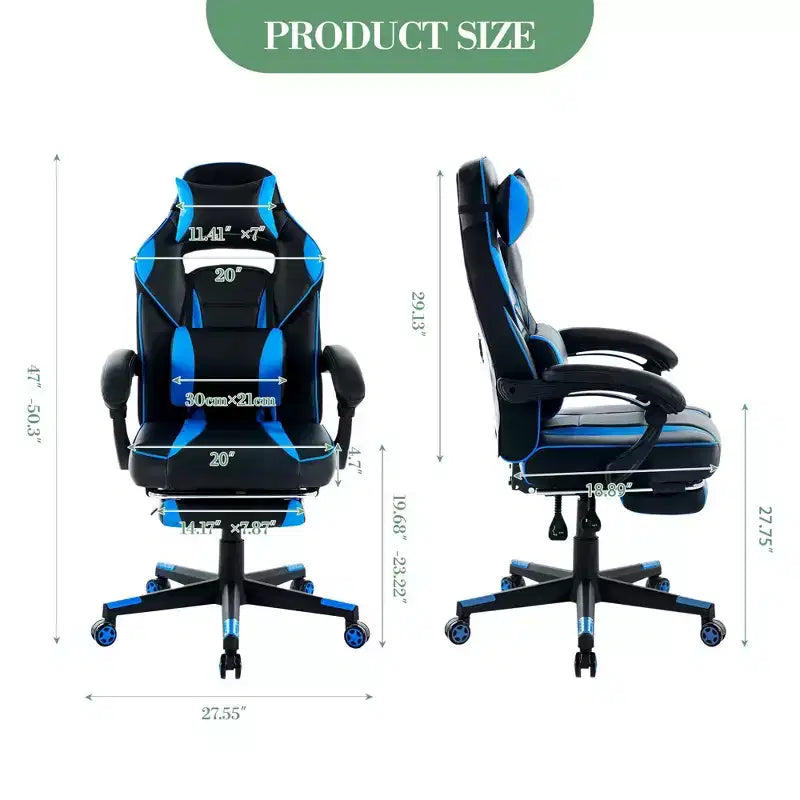 Sillón ergonómico reclinable para juegos con reposapiés retráctil, silla de escritorio para ordenador de carreras de cuero PU de respaldo alto con soporte lumbar y reposacabezas para oficina