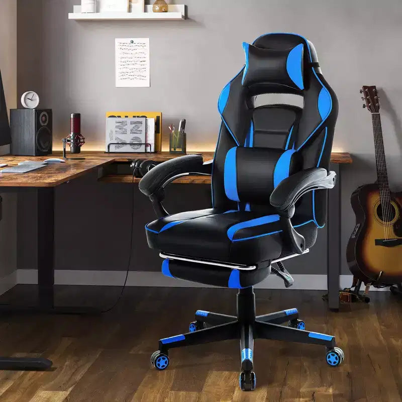 Sillón ergonómico reclinable para juegos con reposapiés retráctil, silla de escritorio para ordenador de carreras de cuero PU de respaldo alto con soporte lumbar y reposacabezas para oficina