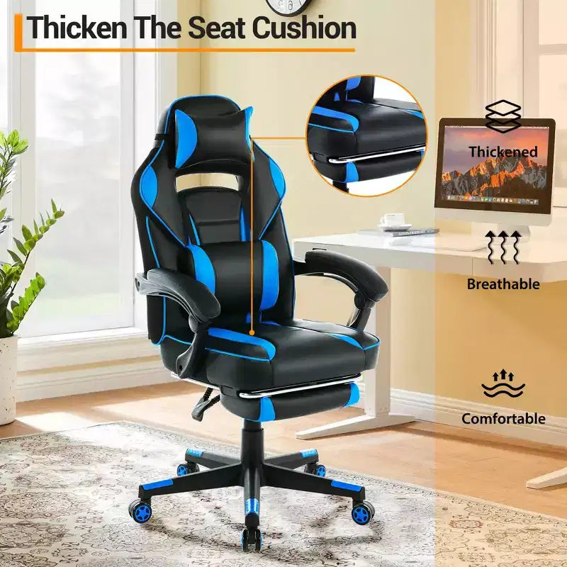 Sillón ergonómico reclinable para juegos con reposapiés retráctil, silla de escritorio para ordenador de carreras de cuero PU de respaldo alto con soporte lumbar y reposacabezas para oficina