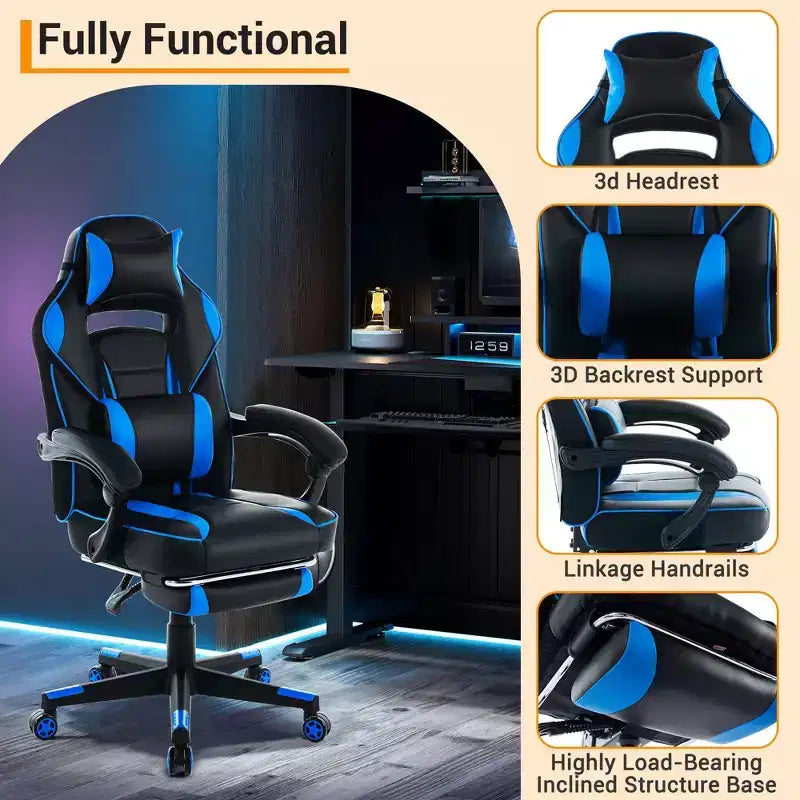 Sillón ergonómico reclinable para juegos con reposapiés retráctil, silla de escritorio para ordenador de carreras de cuero PU de respaldo alto con soporte lumbar y reposacabezas para oficina
