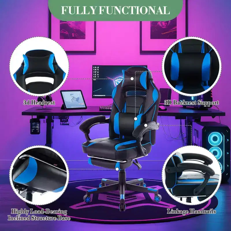 Sillón ergonómico reclinable para juegos con reposapiés retráctil, silla de escritorio para ordenador de carreras de cuero PU de respaldo alto con soporte lumbar y reposacabezas para oficina
