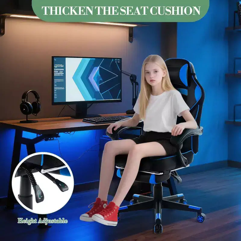 Sillón ergonómico reclinable para juegos con reposapiés retráctil, silla de escritorio para ordenador de carreras de cuero PU de respaldo alto con soporte lumbar y reposacabezas para oficina