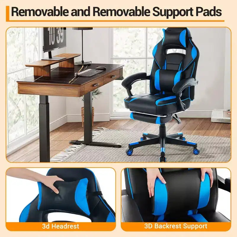Sillón ergonómico reclinable para juegos con reposapiés retráctil, silla de escritorio para ordenador de carreras de cuero PU de respaldo alto con soporte lumbar y reposacabezas para oficina