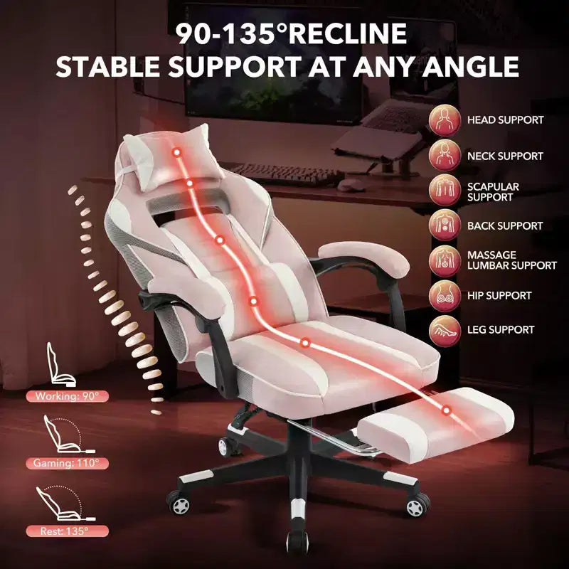 Sillón ergonómico reclinable para juegos con reposapiés retráctil, silla de escritorio para ordenador de carreras de cuero PU de respaldo alto con soporte lumbar y reposacabezas para oficina