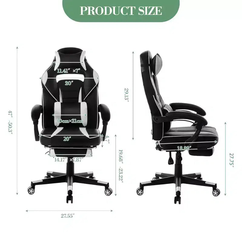 Sillón ergonómico reclinable para juegos con reposapiés retráctil, silla de escritorio para ordenador de carreras de cuero PU de respaldo alto con soporte lumbar y reposacabezas para oficina