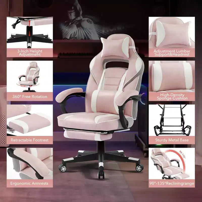 Sillón ergonómico reclinable para juegos con reposapiés retráctil, silla de escritorio para ordenador de carreras de cuero PU de respaldo alto con soporte lumbar y reposacabezas para oficina