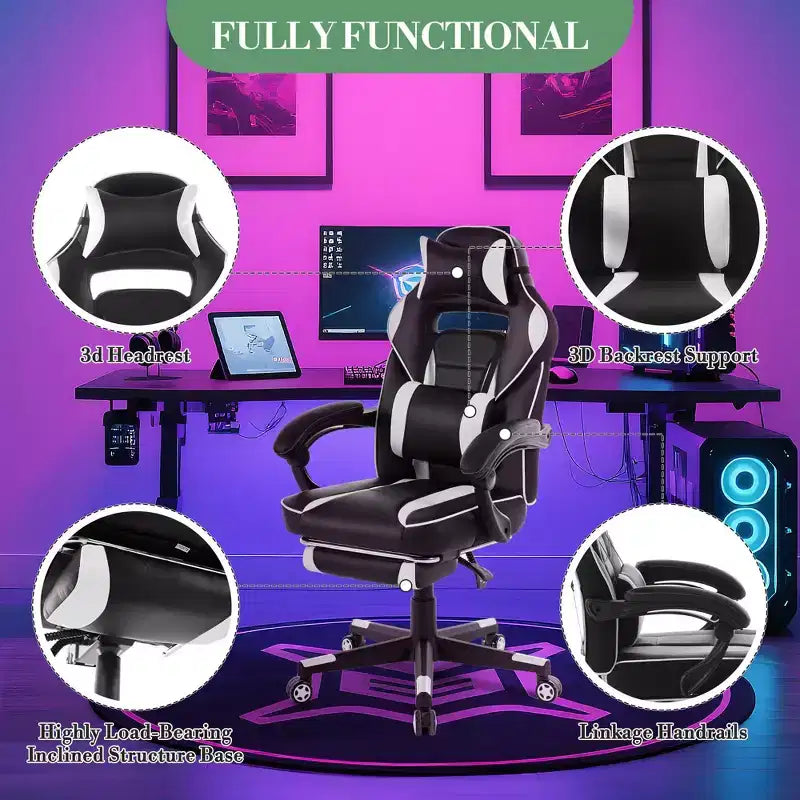 Sillón ergonómico reclinable para juegos con reposapiés retráctil, silla de escritorio para ordenador de carreras de cuero PU de respaldo alto con soporte lumbar y reposacabezas para oficina