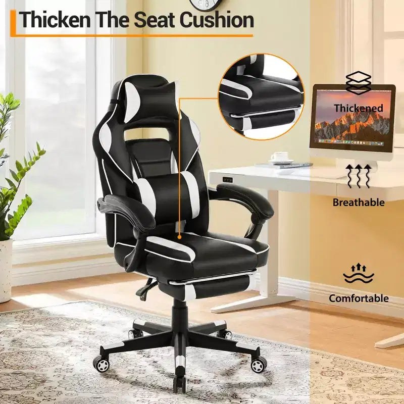 Sillón ergonómico reclinable para juegos con reposapiés retráctil, silla de escritorio para ordenador de carreras de cuero PU de respaldo alto con soporte lumbar y reposacabezas para oficina