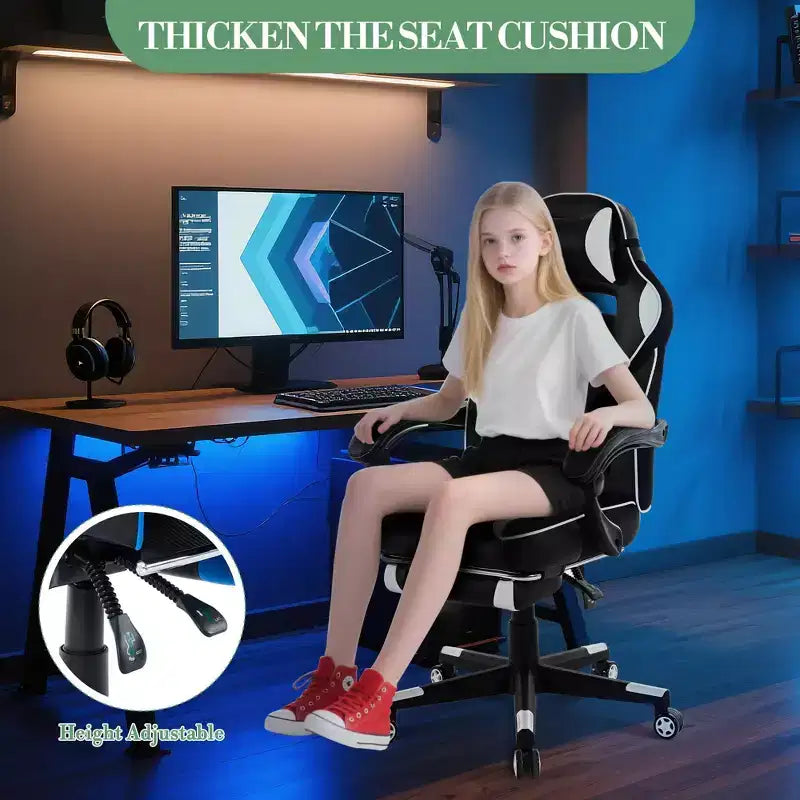 Sillón ergonómico reclinable para juegos con reposapiés retráctil, silla de escritorio para ordenador de carreras de cuero PU de respaldo alto con soporte lumbar y reposacabezas para oficina