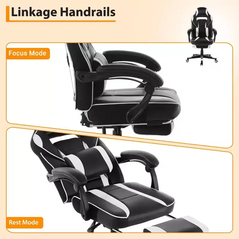 Sillón ergonómico reclinable para juegos con reposapiés retráctil, silla de escritorio para ordenador de carreras de cuero PU de respaldo alto con soporte lumbar y reposacabezas para oficina