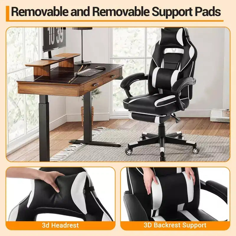 Sillón ergonómico reclinable para juegos con reposapiés retráctil, silla de escritorio para ordenador de carreras de cuero PU de respaldo alto con soporte lumbar y reposacabezas para oficina