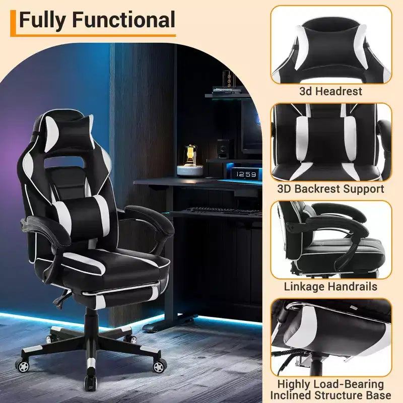 Sillón ergonómico reclinable para juegos con reposapiés retráctil, silla de escritorio para ordenador de carreras de cuero PU de respaldo alto con soporte lumbar y reposacabezas para oficina