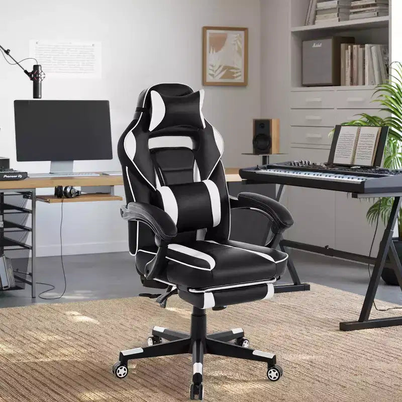 Reclining Ergonomic Gaming Chair w/ Retractable Footrest, High Back PU Leather Racing Computer Desk Chair w/ Lumbar & Headrest Support for Office