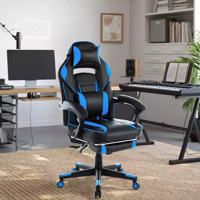 Sillón ergonómico reclinable para juegos con reposapiés retráctil, silla de escritorio para ordenador de carreras de cuero PU de respaldo alto con soporte lumbar y reposacabezas para oficina