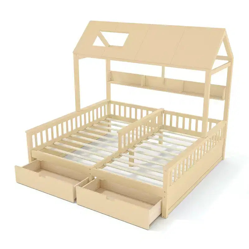 Cama Plataforma Doble Matrimonial con Estantes de Almacenamiento y Cajones, Diseño de Casita para Dormitorio Compartido de Niños