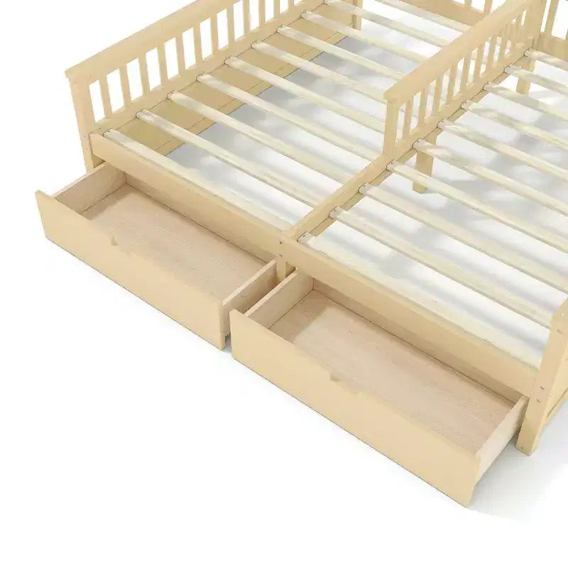 Cama Plataforma Doble Matrimonial con Estantes de Almacenamiento y Cajones, Diseño de Casita para Dormitorio Compartido de Niños