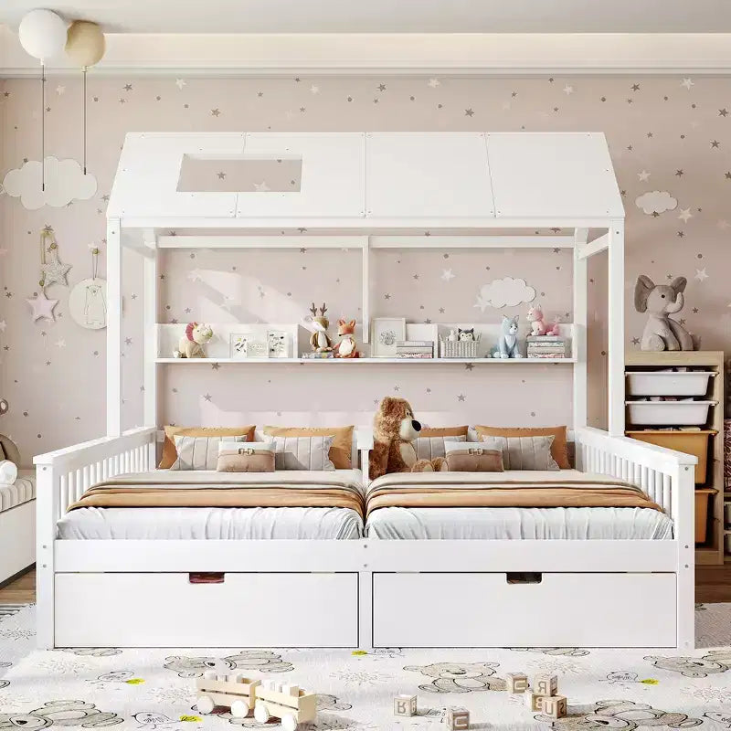 Cama Plataforma Doble Matrimonial con Estantes de Almacenamiento y Cajones, Diseño de Casita para Dormitorio Compartido de Niños
