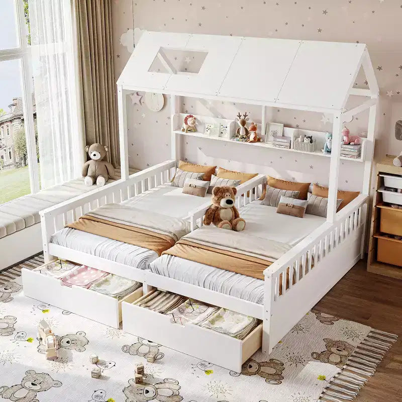 Cama Plataforma Doble Matrimonial con Estantes de Almacenamiento y Cajones, Diseño de Casita para Dormitorio Compartido de Niños