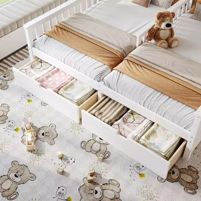 Cama Plataforma Doble Matrimonial con Estantes de Almacenamiento y Cajones, Diseño de Casita para Dormitorio Compartido de Niños