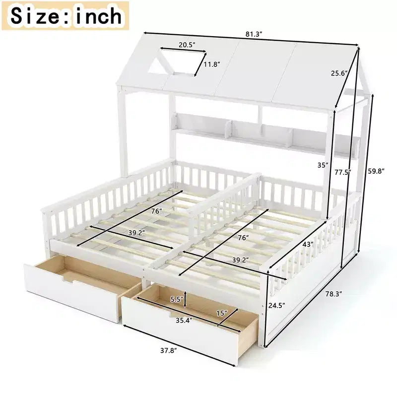 Cama Plataforma Doble Matrimonial con Estantes de Almacenamiento y Cajones, Diseño de Casita para Dormitorio Compartido de Niños