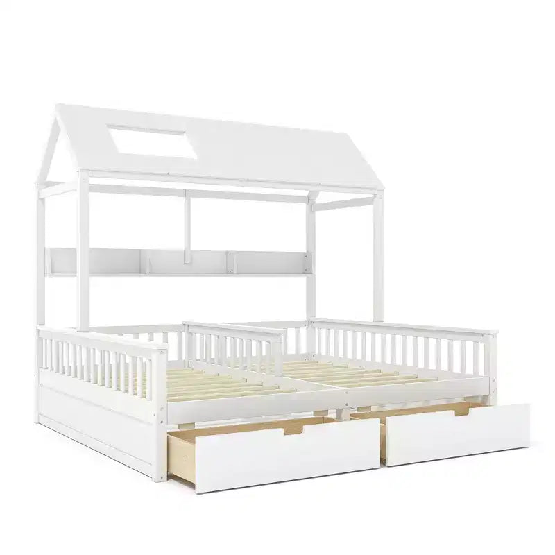 Cama Plataforma Doble Matrimonial con Estantes de Almacenamiento y Cajones, Diseño de Casita para Dormitorio Compartido de Niños