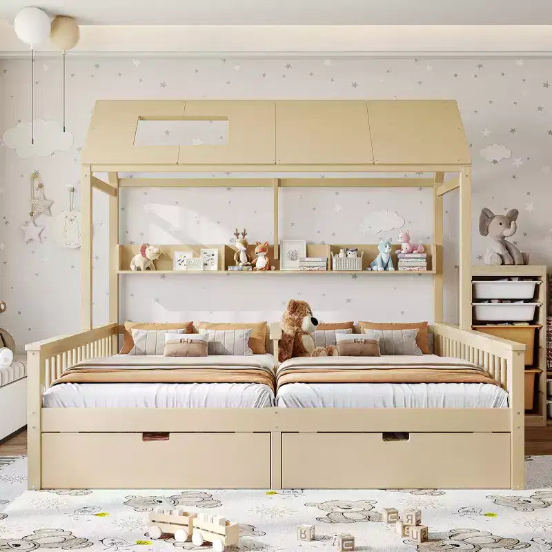 Cama Plataforma Doble Matrimonial con Estantes de Almacenamiento y Cajones, Diseño de Casita para Dormitorio Compartido de Niños