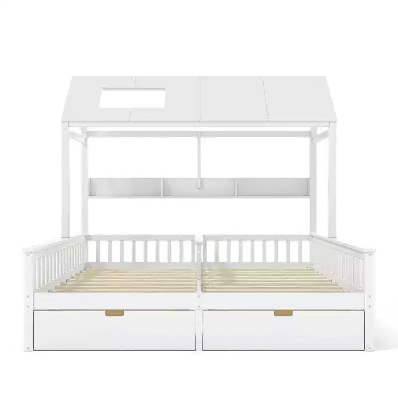Cama Plataforma Doble Matrimonial con Estantes de Almacenamiento y Cajones, Diseño de Casita para Dormitorio Compartido de Niños