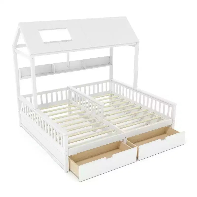 Cama Plataforma Doble Matrimonial con Estantes de Almacenamiento y Cajones, Diseño de Casita para Dormitorio Compartido de Niños