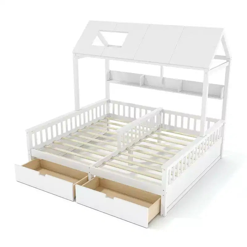 Cama Plataforma Doble Matrimonial con Estantes de Almacenamiento y Cajones, Diseño de Casita para Dormitorio Compartido de Niños