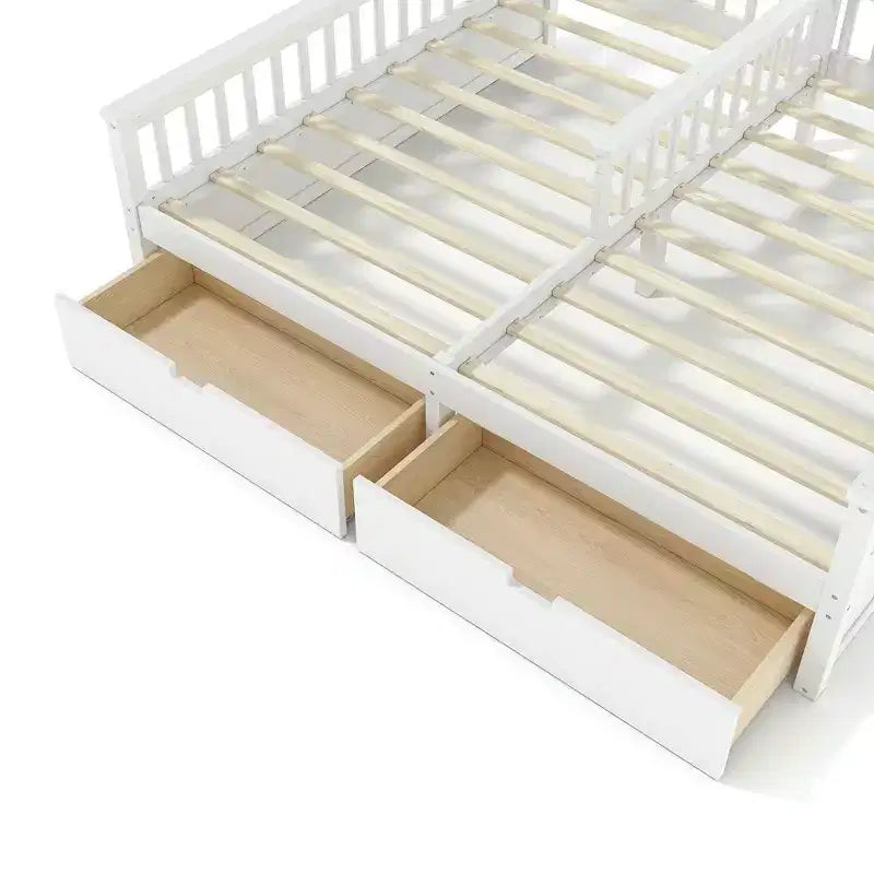 Cama Plataforma Doble Matrimonial con Estantes de Almacenamiento y Cajones, Diseño de Casita para Dormitorio Compartido de Niños