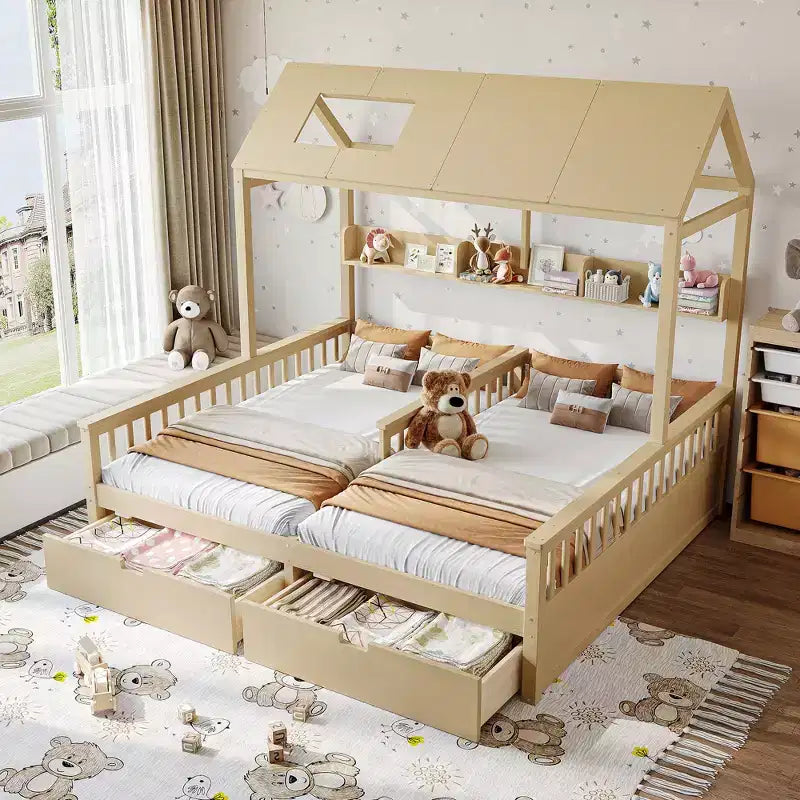 Cama Plataforma Doble Matrimonial con Estantes de Almacenamiento y Cajones, Diseño de Casita para Dormitorio Compartido de Niños