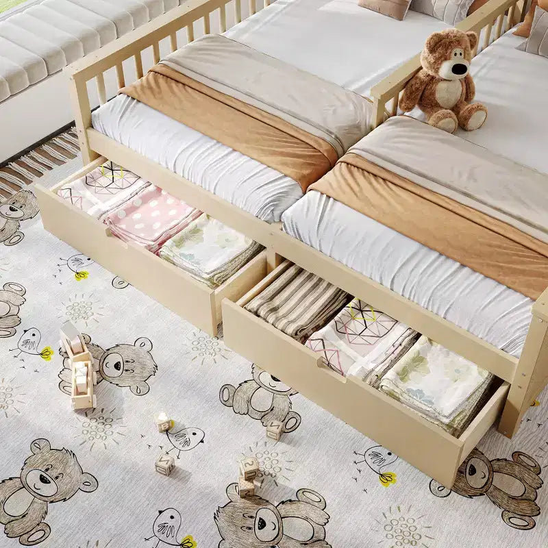 Cama Plataforma Doble Matrimonial con Estantes de Almacenamiento y Cajones, Diseño de Casita para Dormitorio Compartido de Niños