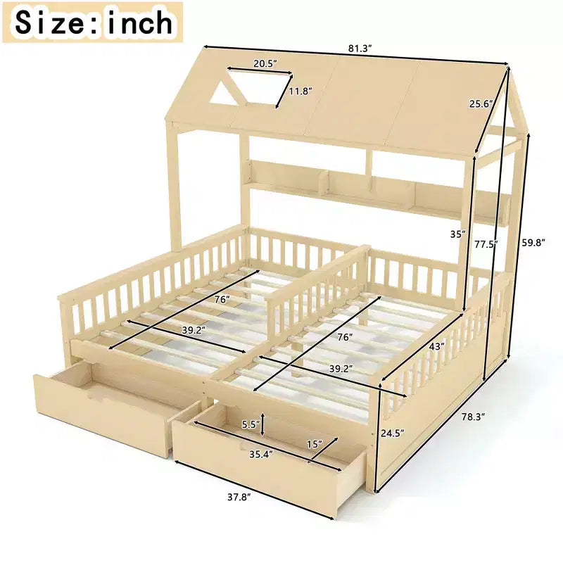 Cama Plataforma Doble Matrimonial con Estantes de Almacenamiento y Cajones, Diseño de Casita para Dormitorio Compartido de Niños