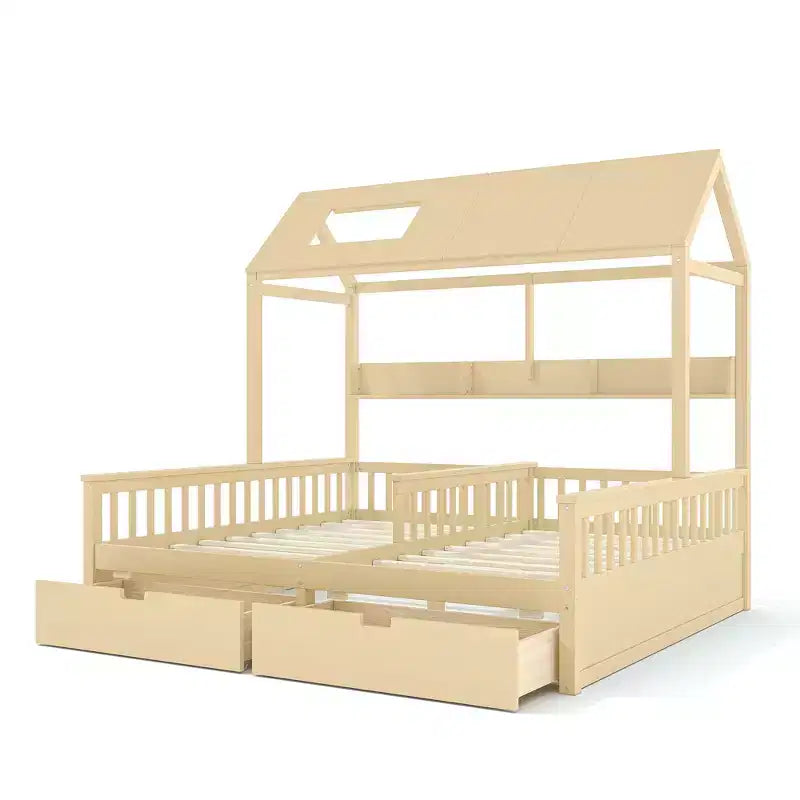 Cama Plataforma Doble Matrimonial con Estantes de Almacenamiento y Cajones, Diseño de Casita para Dormitorio Compartido de Niños