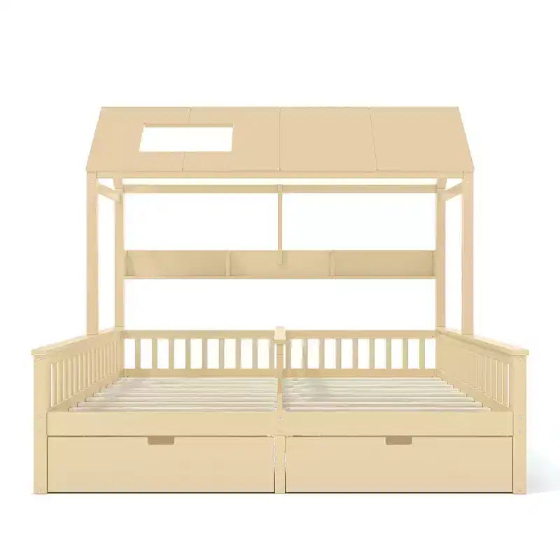 Cama Plataforma Doble Matrimonial con Estantes de Almacenamiento y Cajones, Diseño de Casita para Dormitorio Compartido de Niños