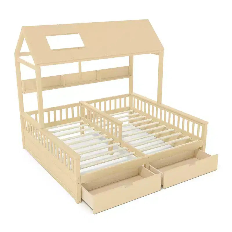 Cama Plataforma Doble Matrimonial con Estantes de Almacenamiento y Cajones, Diseño de Casita para Dormitorio Compartido de Niños