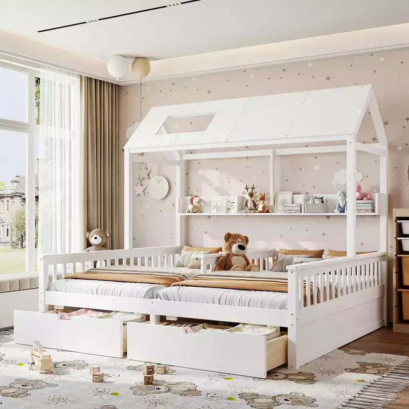 Cama Plataforma Doble Matrimonial con Estantes de Almacenamiento y Cajones, Diseño de Casita para Dormitorio Compartido de Niños