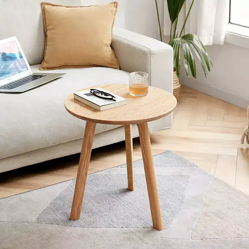 Mesa auxiliar redonda de madera maciza de roble 100% natural, mesa de centro auxiliar de tres patas, mesita de noche para sala de estar o dormitorio