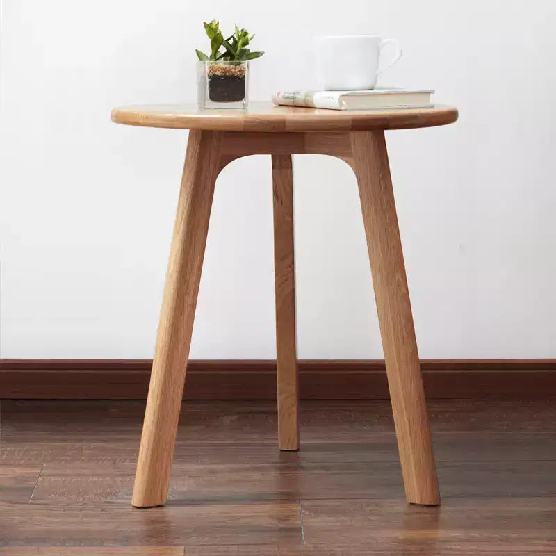 Mesa auxiliar redonda de madera maciza de roble 100% natural, mesa de centro auxiliar de tres patas, mesita de noche para sala de estar o dormitorio