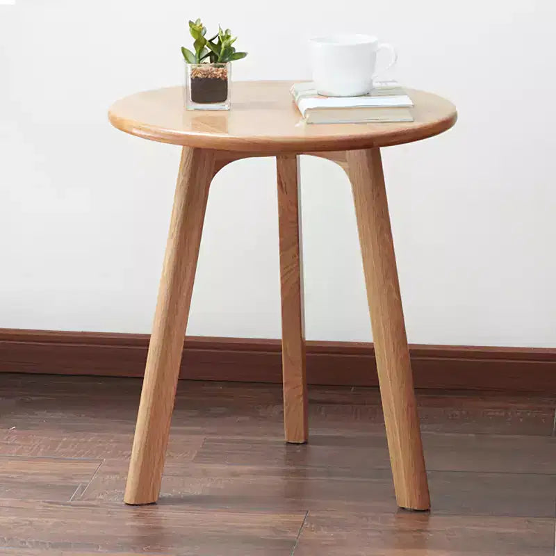 Mesa auxiliar redonda de madera maciza de roble 100% natural, mesa de centro auxiliar de tres patas, mesita de noche para sala de estar o dormitorio