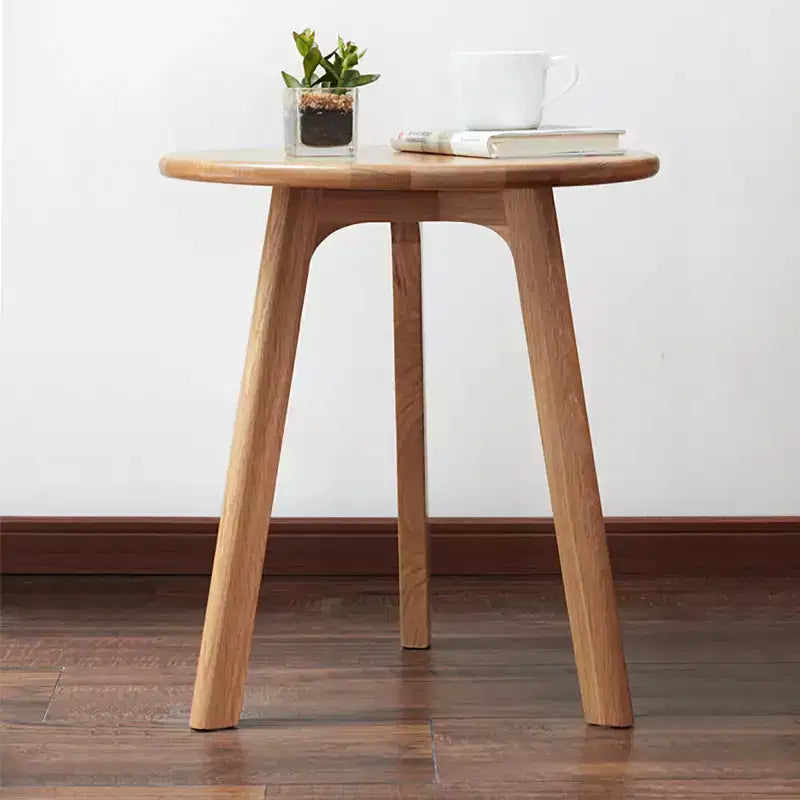 Mesa auxiliar redonda de madera maciza de roble 100% natural, mesa de centro auxiliar de tres patas, mesita de noche para sala de estar o dormitorio