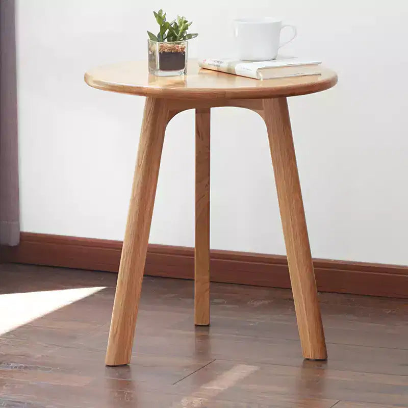 Mesa auxiliar redonda de madera maciza de roble 100% natural, mesa de centro auxiliar de tres patas, mesita de noche para sala de estar o dormitorio