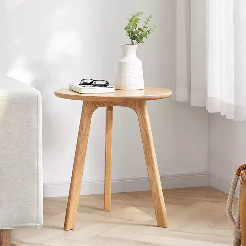 Mesa auxiliar redonda de madera maciza de roble 100% natural, mesa de centro auxiliar de tres patas, mesita de noche para sala de estar o dormitorio